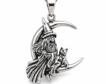 Witch & Cat Crescent Moon Pendant 20" Curb Chain Necklace 925 Silver Jewellery Boxed