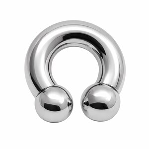 May include: A shiny, silver-colored horseshoe-shaped body jewelry piece. The jewelry has a smooth, polished surface and features two spherical ends. The design is symmetrical and appears to be made of metal.