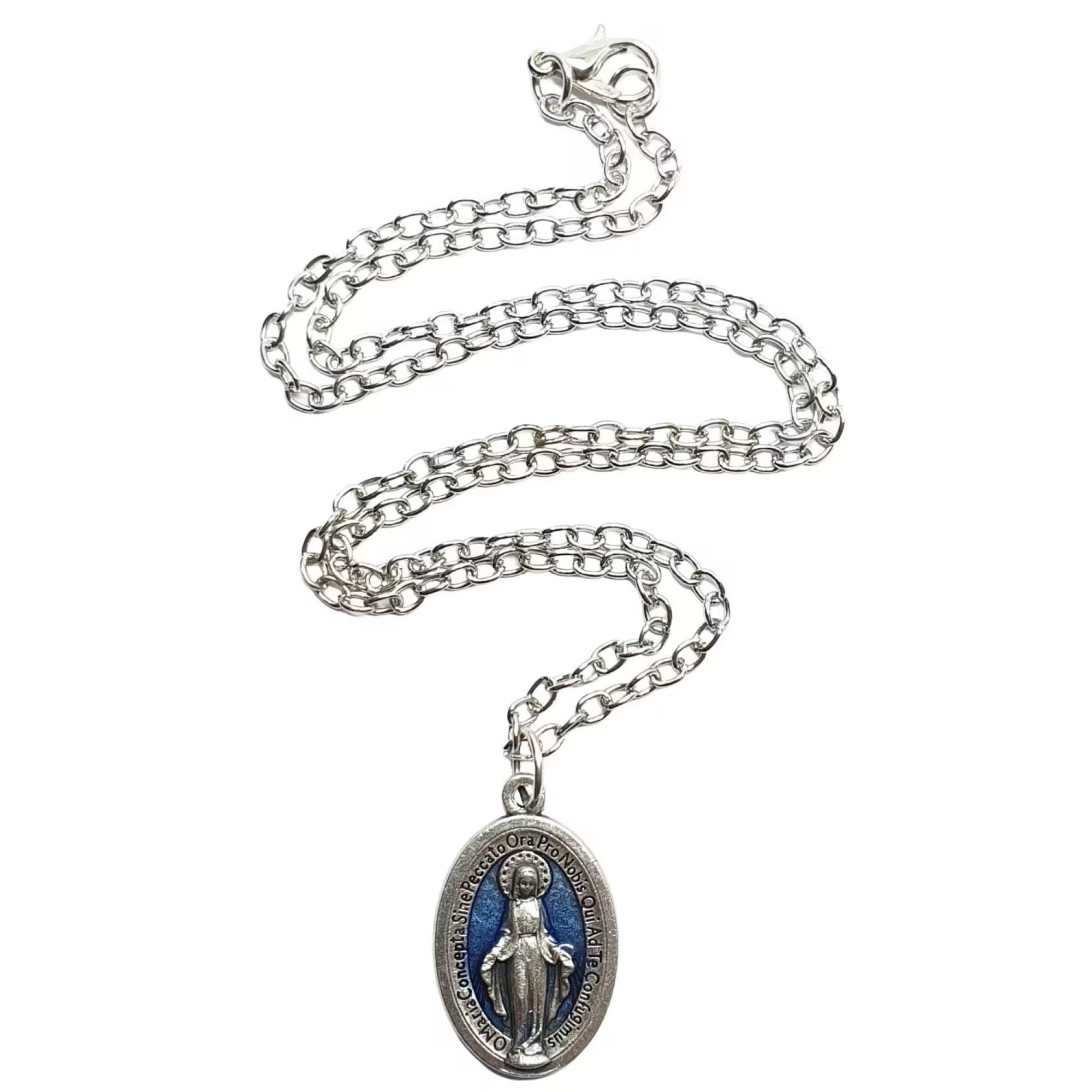 Our Lady of the Miraculous Medal Pendant Necklace Lourdes Blue Enamel ...