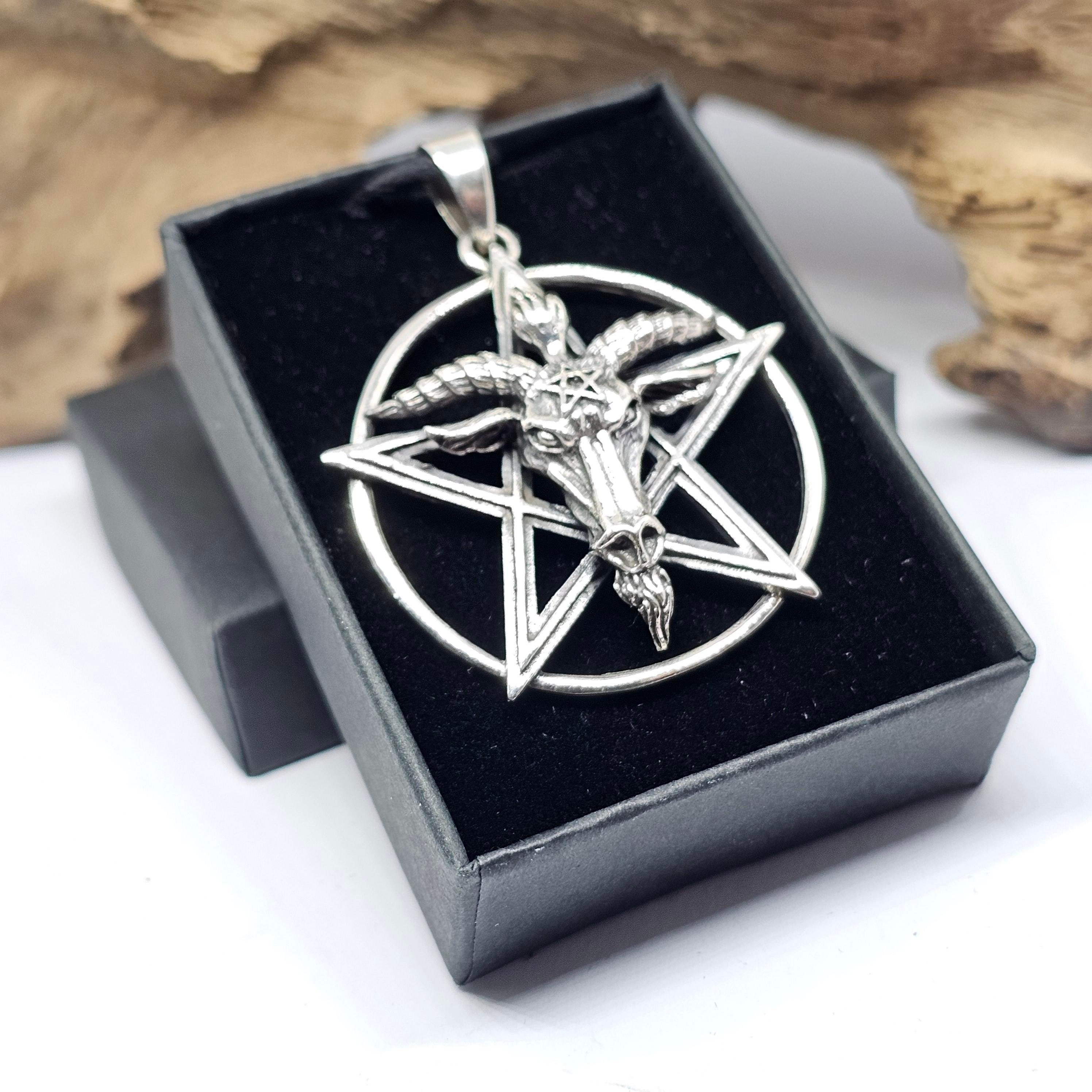 Baphomet Pendant Large Inverted Pentagram Necklace Occult Goat Mendes 925 Sterling Silver Waxed Cord Necklace Jewellery & Boxed (BxS5C1)