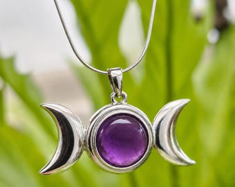 Amethyst Goddess Pendant Sterling Silver Triple Moon 20" Snake Chain Necklace Lunar Spiritual Jewelry Boxed