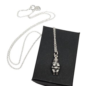 Puede incluir: Un collar plateado con un colgante que representa una figura femenina estilizada. El colgante cuelga de una fina cadena, presentado sobre una caja negra. El collar se muestra sobre un fondo blanco.