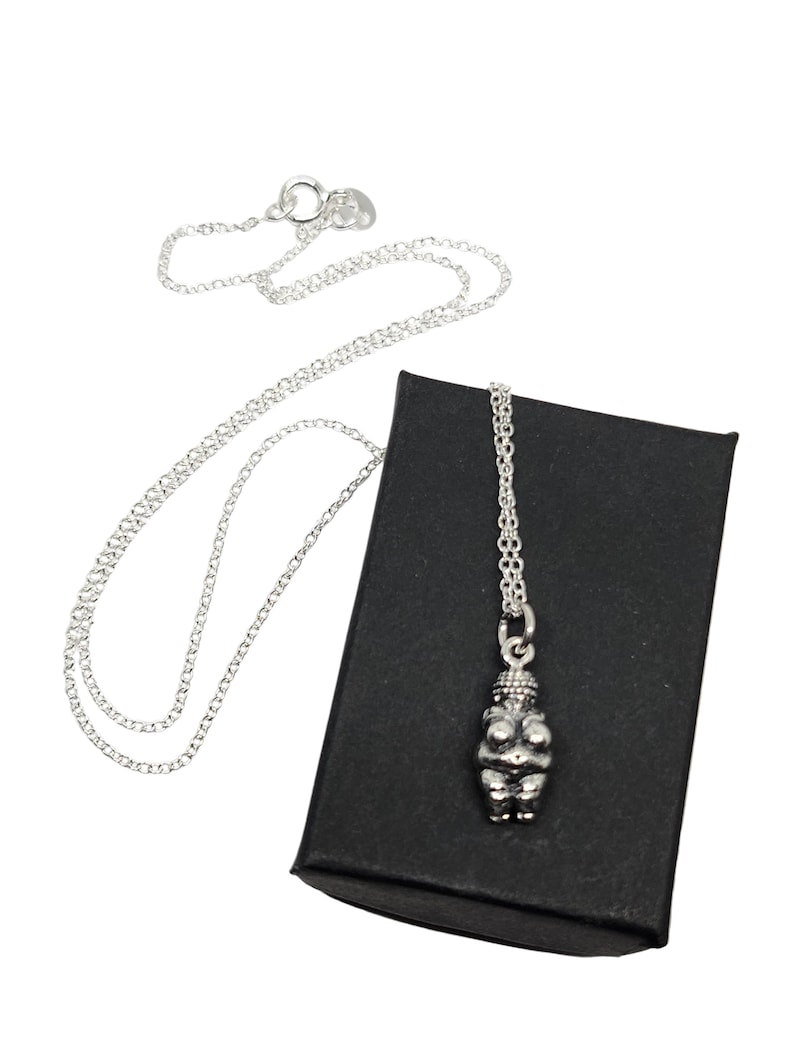Puede incluir: Un collar plateado con un colgante que representa una figura femenina estilizada. El colgante cuelga de una fina cadena, presentado sobre una caja negra. El collar se muestra sobre un fondo blanco.