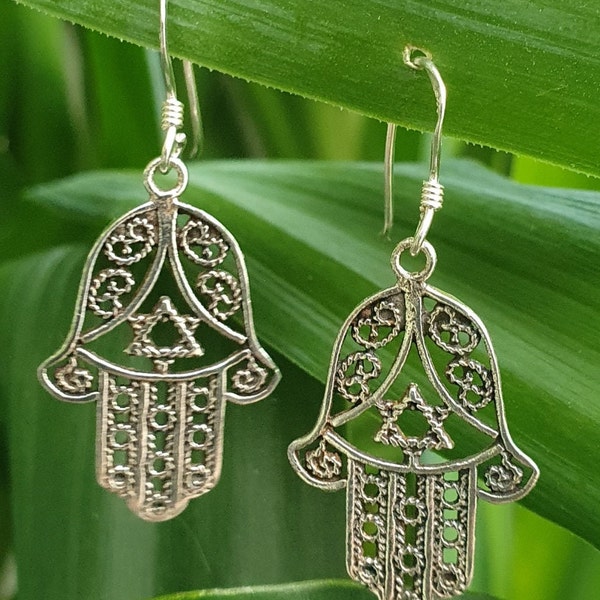 Hamsa Hand Of Fatima Earrings 925 Sterling Silver Sided Drop Dangle Earrings Ornate Bohemian Ethnic Hand Made Hamza Earrings Boxed (draw1)