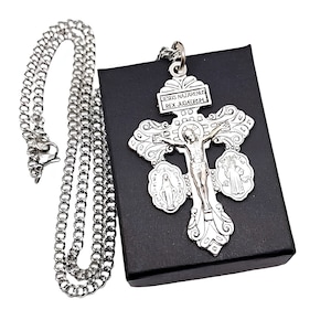 Pardon Crucifix Pendant Double Sided 20 Inch Bib Necklace Curb Chain Catholic Miraculous Medal St Benedict Medal Flame Heart & Boxed (CCub1)