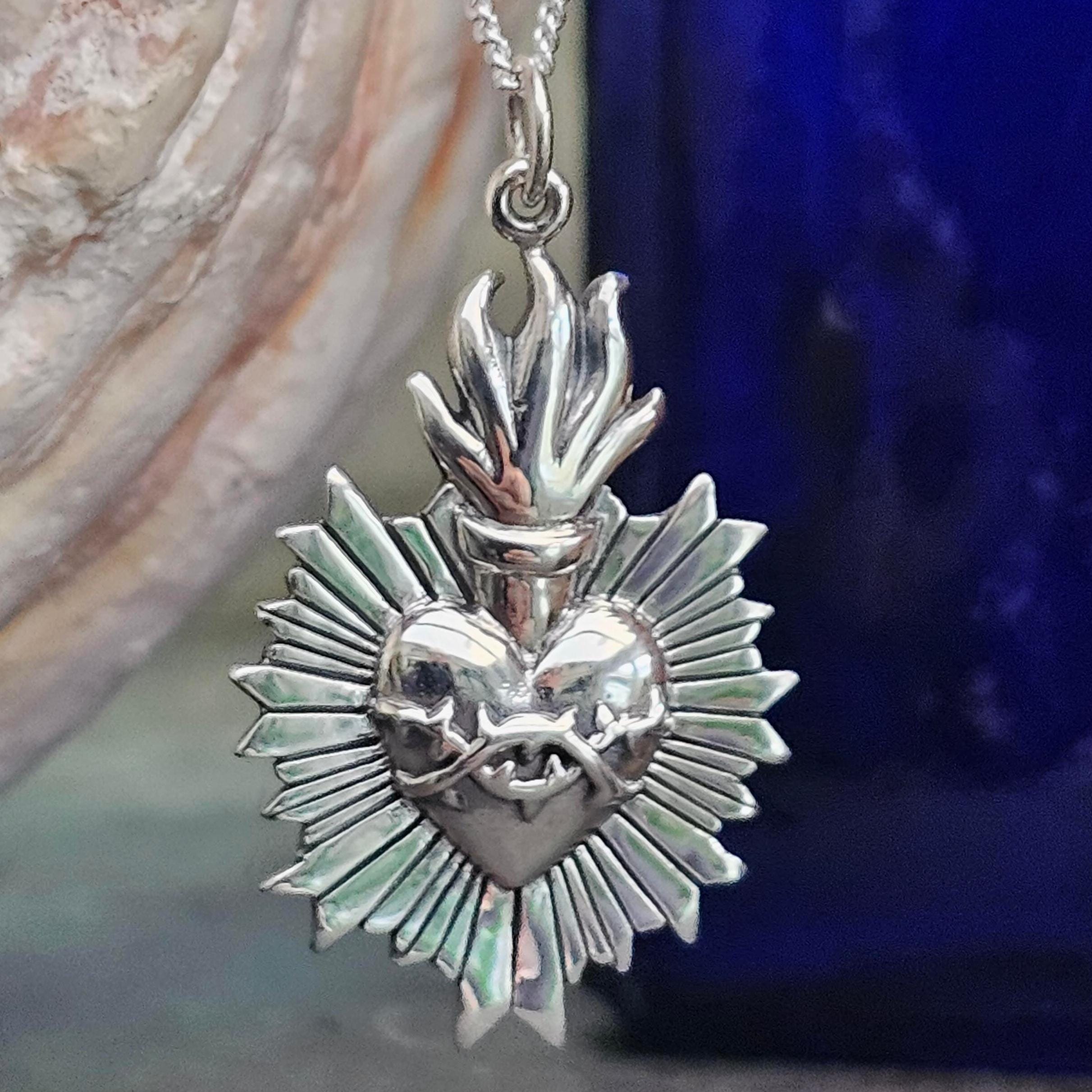 Sacred Heart of Jesus Pendant 925 Silver SHJ Necklace Flaming