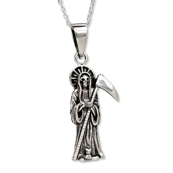 Grim Reaper Pendant 925 Silver Necklace Scythe Skull Protection From Harm Amulet Jewellery & Boxed
