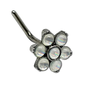 Flower Opal Nose Stud Piercing Flower Reflective Shimmer Nose Stud White with Rainbows Surgical Steel 20g (0.8mm) L Bend Pin Stud (b4l25)