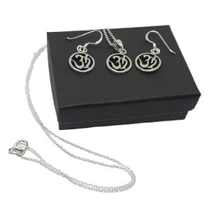 Om Jewellery Set 3 Piece Set Earrings Pendant Necklace Aum Ohm 18&quot; Rolo Chain 925 Sterling Silver Boxed Om Namah Shivaya Jewellery