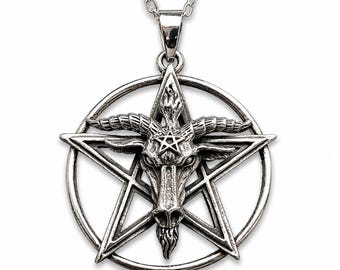 Baphomet Pendant 925 Silver Goat Mendes Pentagram 24 Inch Necklace Gothic Occult Amulet & Boxed
