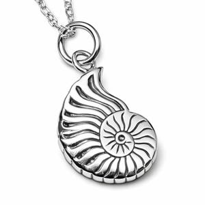 Peut inclure: Un collier pendentif argenté représentant une coquille de nautile détaillée. Le pendentif, avec son motif en spirale, est suspendu à une chaîne fine. La coquille est très polie et réfléchit la lumière.