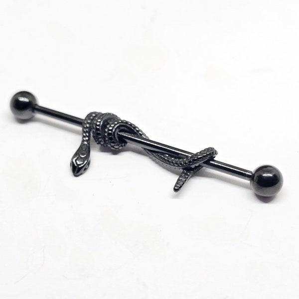 Black Snake Scaffold Piercing 14g (1.6 mm) Industrial Piercing 38mm Bar 5mm Ball Ends Coiled Serpent Earring Emo Biker Bar Piercing (Locker)