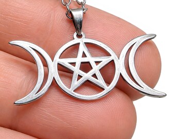 Triple Moon Pentacle Necklace Wiccan Pagan Goddess Pendant Spiritual Gothic Steel Symbol