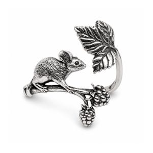 Mouse Blackberry Ring Sterling Silver Adjustable Woodland Animal Nature Cottagecore Jewelry Gift