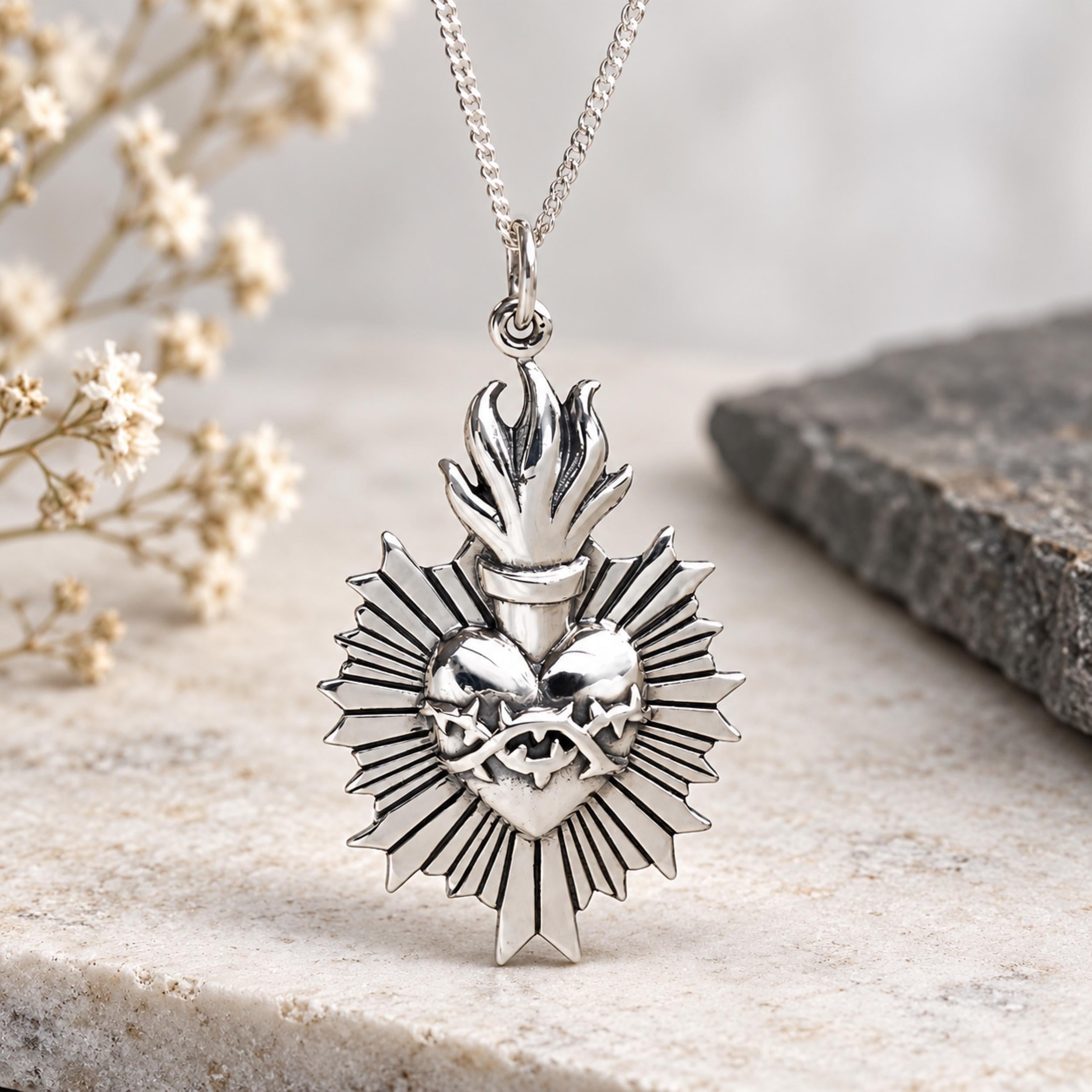 Sacred Heart Necklace Sterling Silver Flaming Heart Thorn Pendant