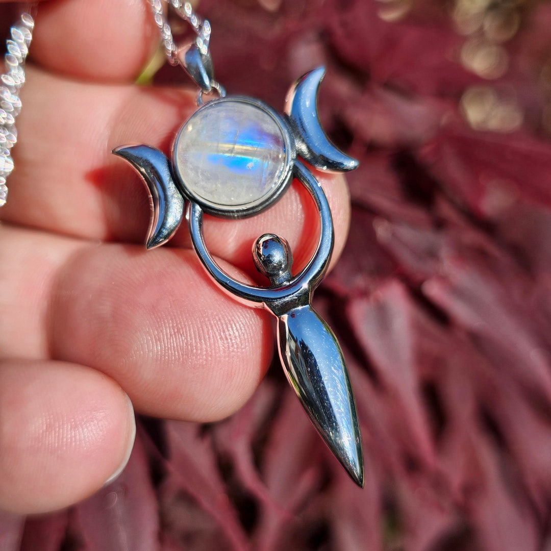 Moonstone Sterling Silver Goddess Pendant Triple Moon Moonstone