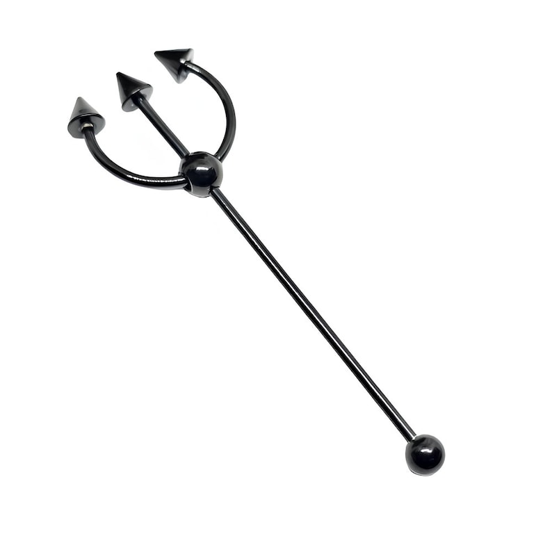 May include: Black metal trident body jewelry with a ball on each end.