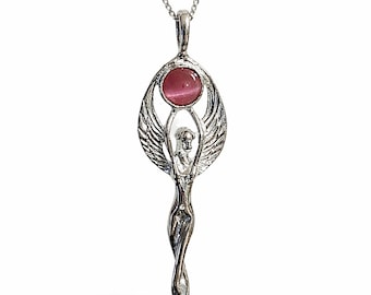 Winged Goddess Pendant Necklace Madagascan Rose Quartz 925 Sterling Silver 18" Chain With Box