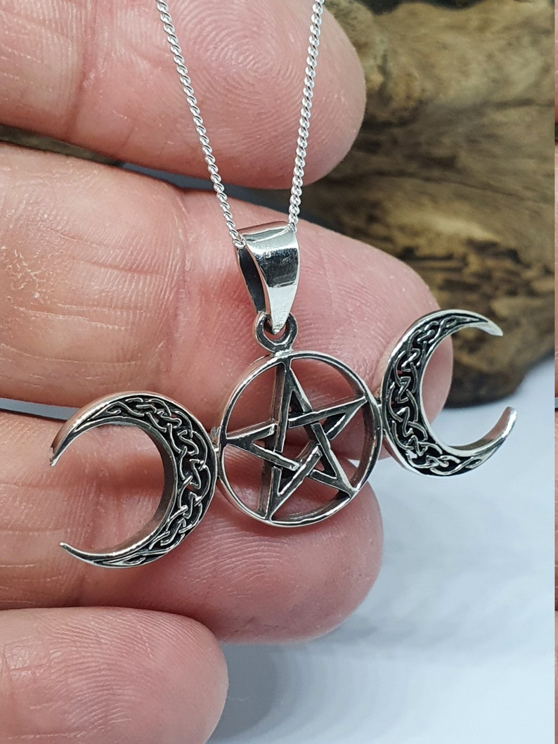 Triple Moon Pentacle Pendant 18 Chain 925 Sterling Silver Wicca Pagan Witchcraft Spirituality Boxed Sbl18 image 6