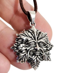 Greenman Pendant Necklace 925 Sterling Silver Pendant 33&quot; Brown Cotton Cord Necklace Earth Man of The Woods Witchy Bohemia Jewellery & Box