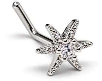 Flower CZ Nose Stud 20G Silver Plated Surgical Steel L Bend 6mm Piercing Jewelry