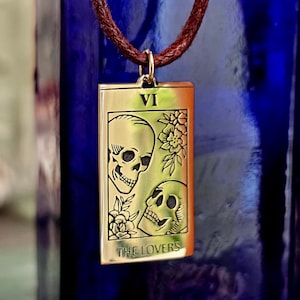 The Lovers Tarot Bronze Pendant Necklace Amulet Skulls Memento Mori Brown Tie Cord Necklace & Boxed
