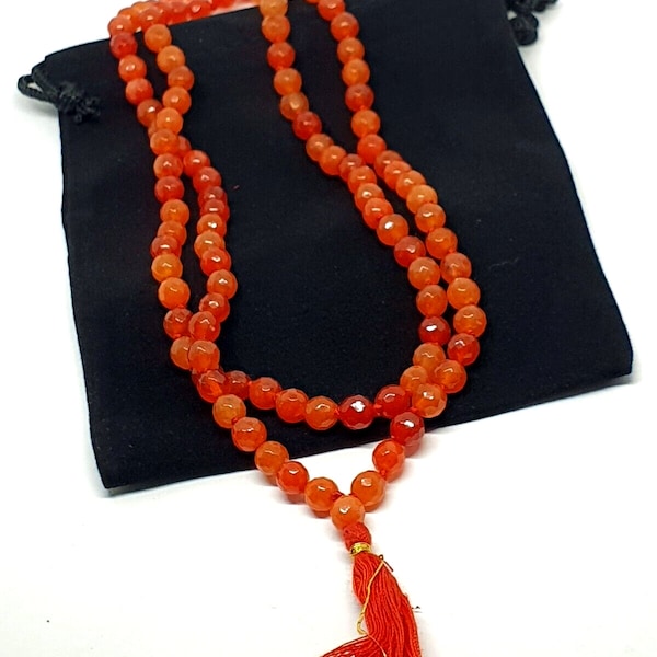 Red Carnelian Mala Pendant Necklace 6mm Facet Beads 108 Gemstone Crystal Motivating Vitality Gem Stunning Hand Knotted, Hand Made