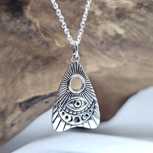 Ouija Planchette Evil Eye Necklace Pendant Moon Phase Pendant 18" Chain 925 Sterling Silver Prediction Protection Amulet (s2L25)