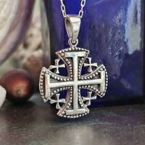 Jerusalem Cross Large Pendant JERUSALEM Word Reverse 925 Sterling Silver Five Fold 20" Oval Link Chain Necklace Jewellery & Boxed (bxs4L9)