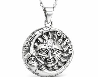 Collana Sole e Luna in argento 925 con ciondolo celeste, catena da 60 cm, stile Boho Spirituale, con scatola.