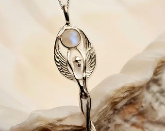 Moonstone Goddess Pendant Sterling Silver Angel Necklace Divine Feminine Wiccan Pagan Spiritual Gift