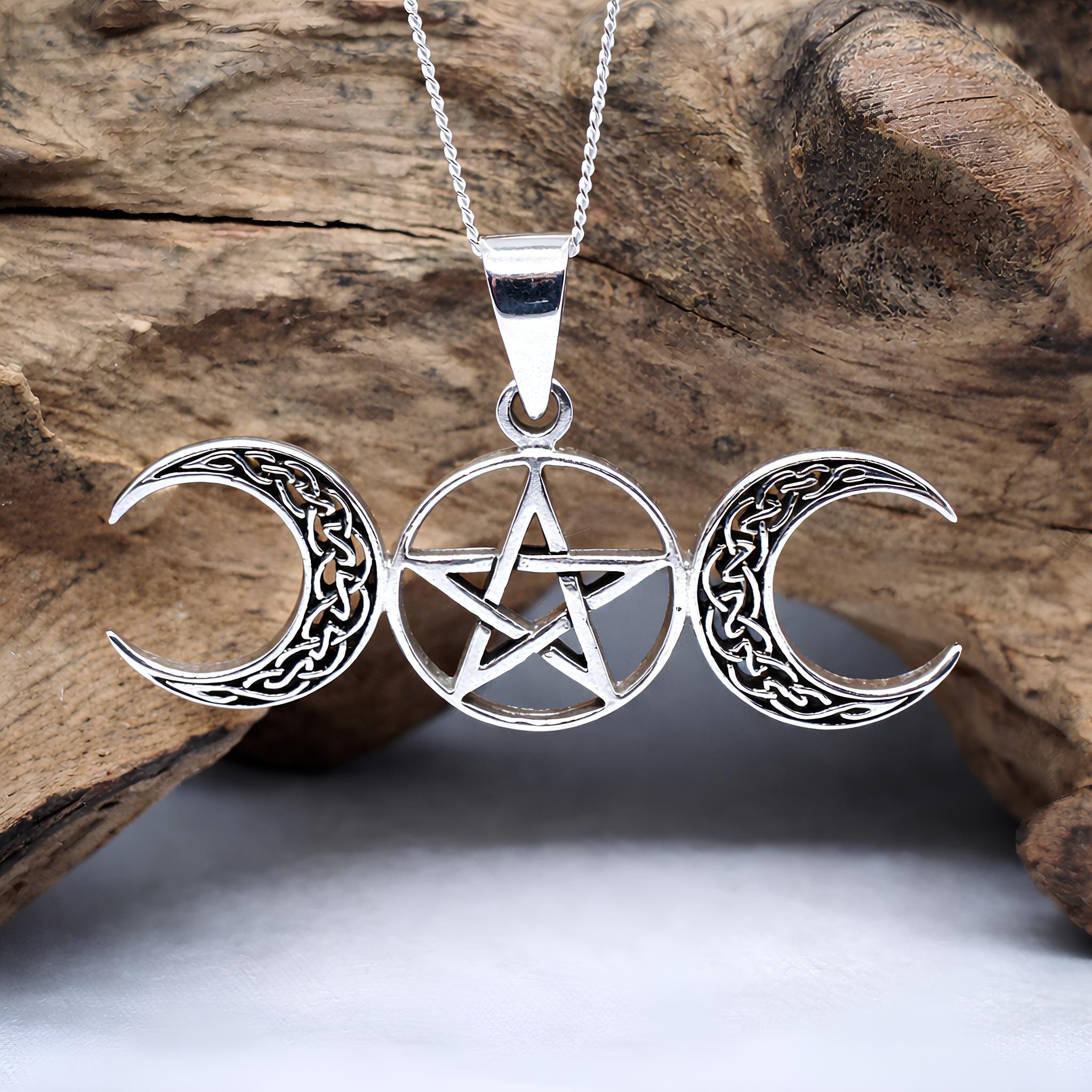 Triple Moon Pentacle Pendant Celtic 925 Sterling Silver Goddess ...