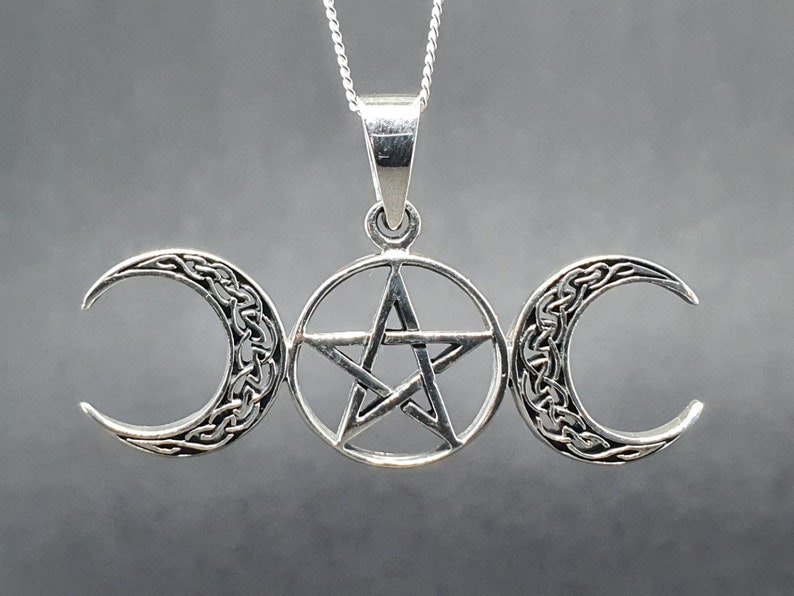 Triple Moon Pentacle Pendant 18 Chain 925 Sterling Silver Wicca Pagan Witchcraft Spirituality Boxed Sbl18 image 2