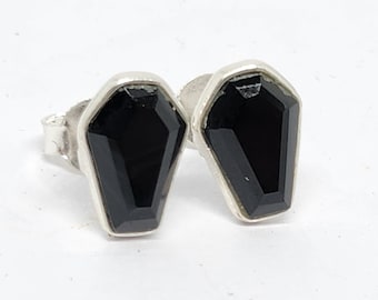 Coffin Earrings Black Onyx 925 Sterling Silver Stud Piercings Jewellery Black Gemstone Memento Mori Gothic Earrings & Box (St Box L6)