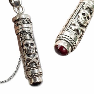 Skull Crossbones Garnet Locket Vial Pendant Necklace 925 Silver Keepsake Gemstone Chain Jewellery & Boxed