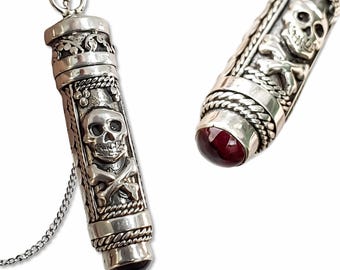 Skull Crossbones Garnet Locket Vial Necklace Sterling Silver Gothic Poison Bottle Pendant & Boxed