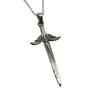 Winged Sword Pendant Necklace Archangel St Michael's Broad Sword Protection Amulet Talisman 18" Chain 925 Sterling Silver & Box (S7b13)