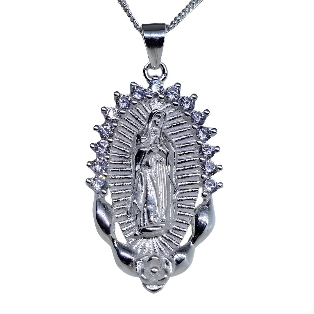 Virgin Mary Pendant Necklace 925 Sterling Silver CZ Gems 18" Curb Chain ...