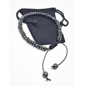 Hematite Multi-Cut Faceted Gemstone Bracelet | Adjustable Crystal Jewelry & Velvet bag