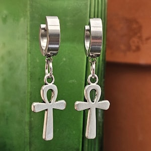 Ankh Huggie Earrings Egyptian Charms Steel Edgy Hinged Clickers 316L Steel Bohemian Halloween Ethnic  Osiris Isis Ra Unisex Jewellery (LO3)