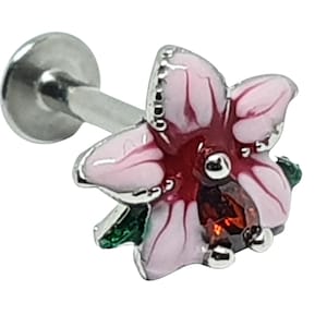 Flower Piercing Tragus Helix Labret Pink Enamelled Hibiscus 16g (1.2mm) Enamelled Flower Red CZ Stone Steel Bar Body Jewellery (Bxs2L32)