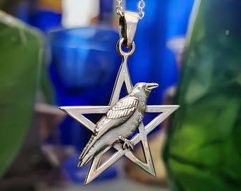 Raven Pentacle Pendant 925 Sterling Silver Crow Amulet Chain Necklace Jewellery & Boxed