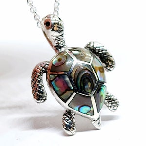Sea Turtle Necklace Pendant Gemstone 18&quot; All 925 Sterling Silver Abalone Inlay Lucky Turtle Pendant Sea Life Jewelry Beach Ethnic (Bs415)