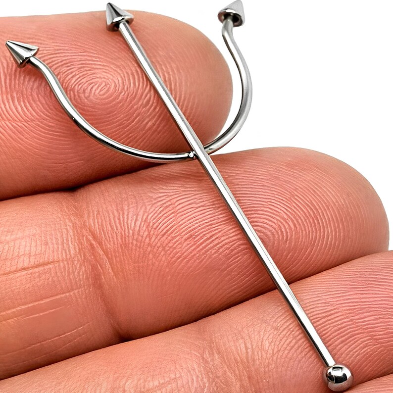 Trident Piercing Scaffold Barbell Fork Industrial Earring 16g (1.2mm) 50mm 316L Steel Body Jewellery image 7