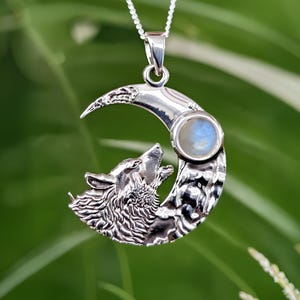 Sterling Silver Wolf & Crescent Moon Pendant: Norse Pagan Necklace