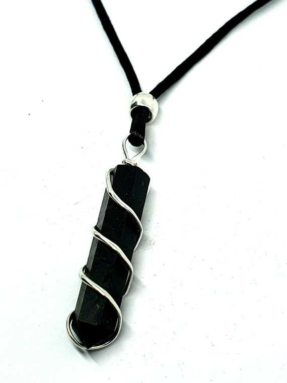 Black Tibetan Tourmaline 3 Sided Point Pendant Cord Necklace Protective Stone 