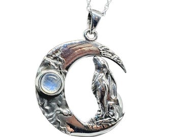 Ciondolo Lepre che osserva la luna, collana in argento 925 con pietra di luna, gioiello con pietra preziosa a forma di mezzaluna, confezione regalo.