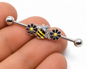 Bee Flower Industrial Barbell 14G Scaffold Piercing Surgical Steel CZ Jewelry Gift