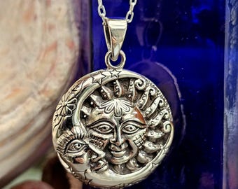 Collar Sol y Luna de plata 925 con colgante celestial, cadena de 50 cm, estilo bohemio, espiritual y solar. Incluye caja.