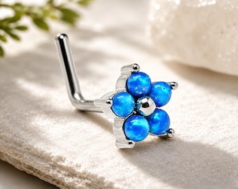 Opal Nose Stud Blue Flower Daisy Surgical Steel Floral Piercing Jewellery Boho Crystal & Box